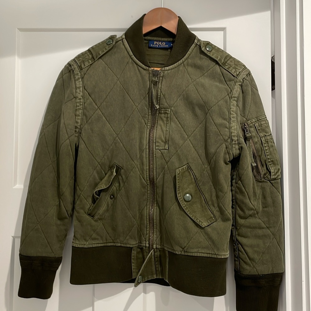 VINTAGE POLO 🐻 Ralph Lauren Olive Green Quilted Bomber Jacket
